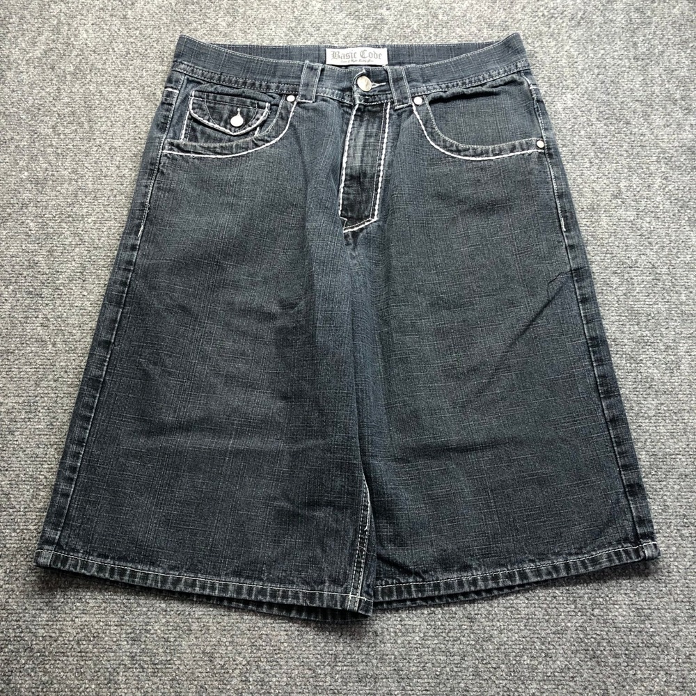 Y2K Mens Baggy Denim Shorts Size 34 Black Wash Embroidered Y2K Skater